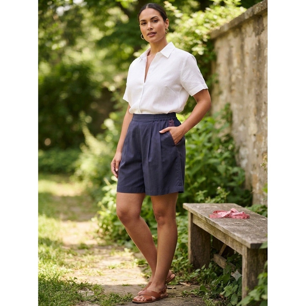 Vintage SILX Silk Cotton Navy Blue Pleated Bermuda Shorts Size 14 / 44